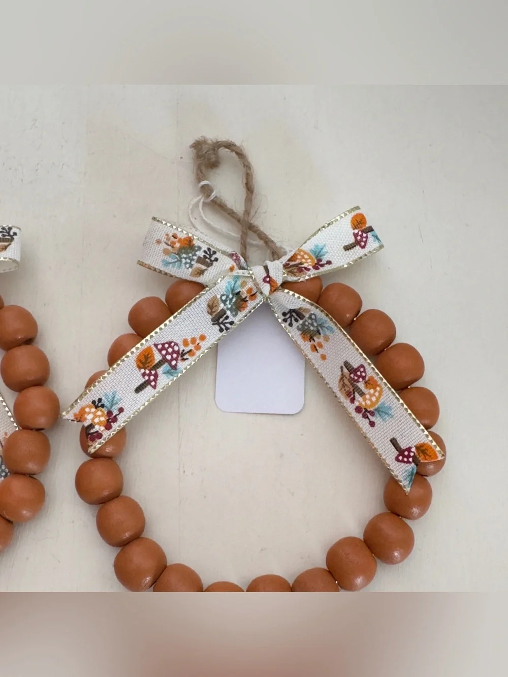 2 Handmade Wood Beaded Ornament With Mushroom Print Bow
